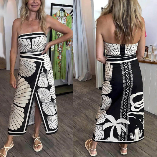 Strapless Shell Print Backless Slit Dress