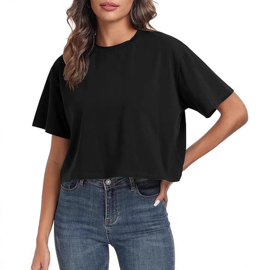 Women's Loose Cropped T-Shirt Casual Solid Short Sleeve Tee