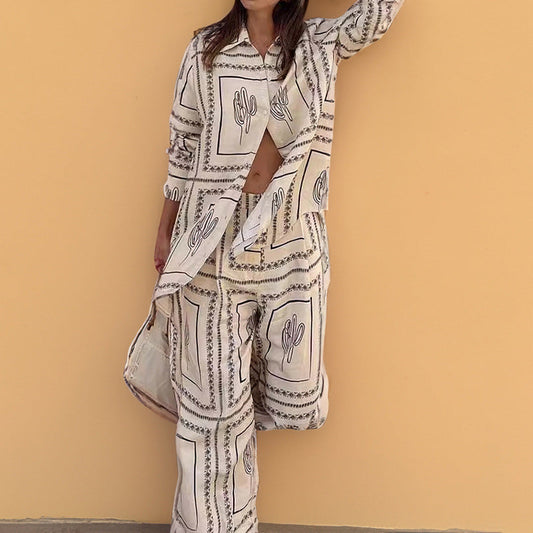 Printed Long Sleeve Shirt and Wide Leg Pants Set