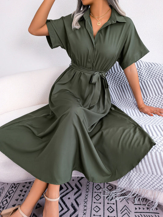 Loose Solid Tie Waist Shirt Dress