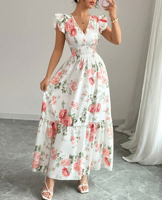 Women Elegant Floral Print Long Hem Dress
