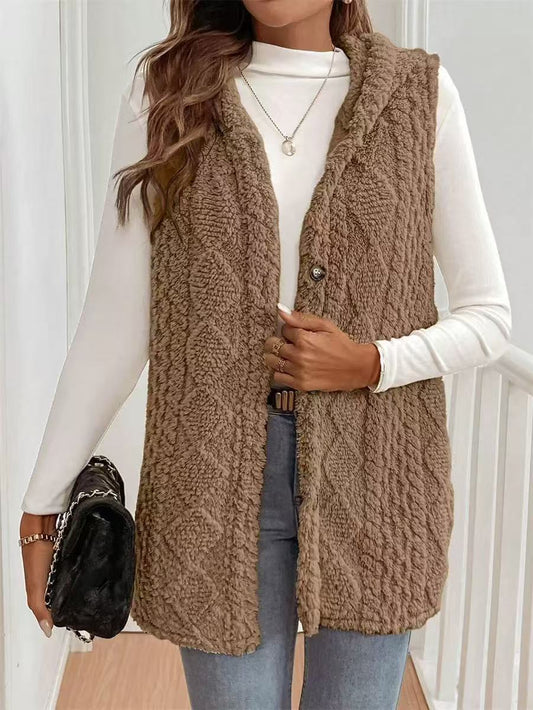 Double Sided Plush Hooded Button Front Vest for Women