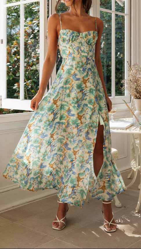 Printed Backless Slit Hem Maxi Dress