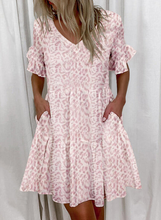 V Neck Floral Print Flared Midi Dress
