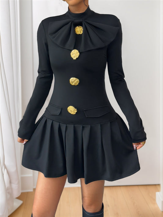Bow Button High Neck Long Sleeve Dress