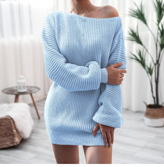 Off Shoulder Lantern Sleeve Knit Sweater Dress