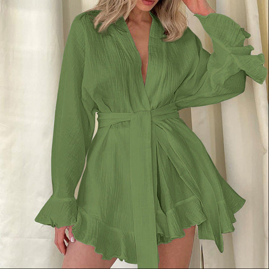 Women Cotton Crepe Ruffle Long Sleeve Pajama Set