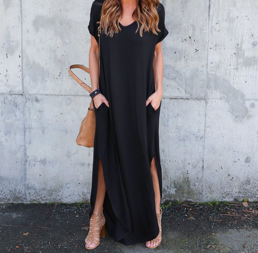 V-Neck Pocket Slit Midi Dress