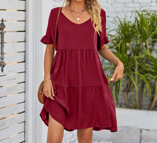 V Neck Tiered Ruffle Casual Dress