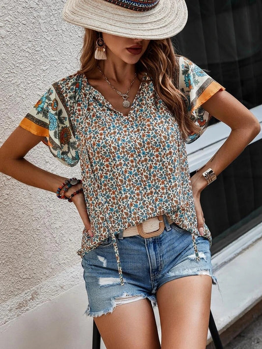 Bohemian Print V-Neck Flutter Sleeve Top | Casual Resort Blouse
