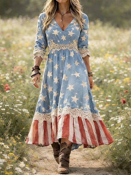 Women Lace Patchwork America Flag Spring Summer Dress Star Stripe V Neck A-Line Vintage Maxi Dress