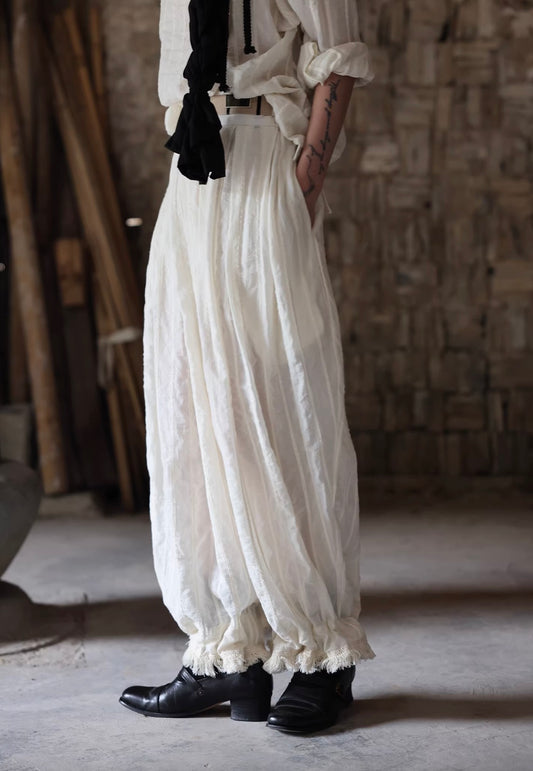 Beige Striped Fringe Wide-Leg Cuffed Pants