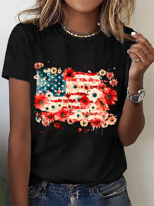 Floral American Flag Cotton T-Shirt