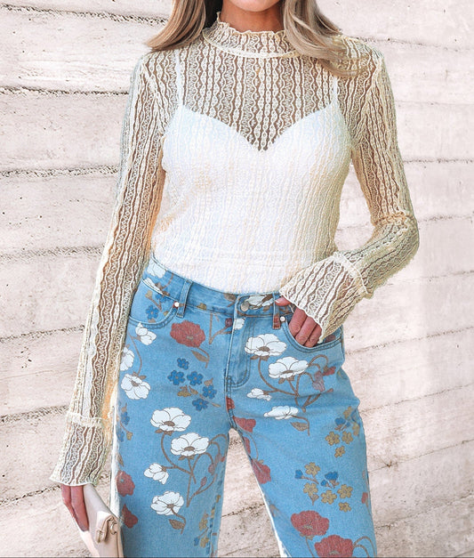 Apricot Flounced Long Sleeve Mock Neck Sheer Lace Top