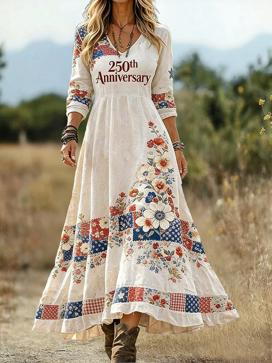 Women America Flag Spring Summer Dress Floral V Neck A-Line 250th Anniversary Letter Pattern Vintage Maxi Dress