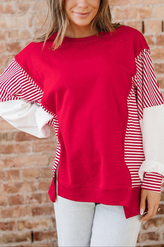 Fiery Red Striped Patchwork Sleeve Colorblock Sweatshirt