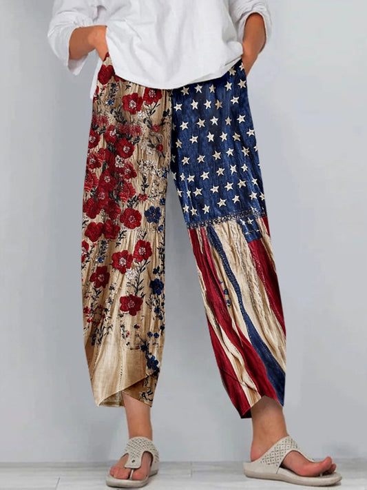 Women 3D Printing Floral America Flag Casual Harem Pants