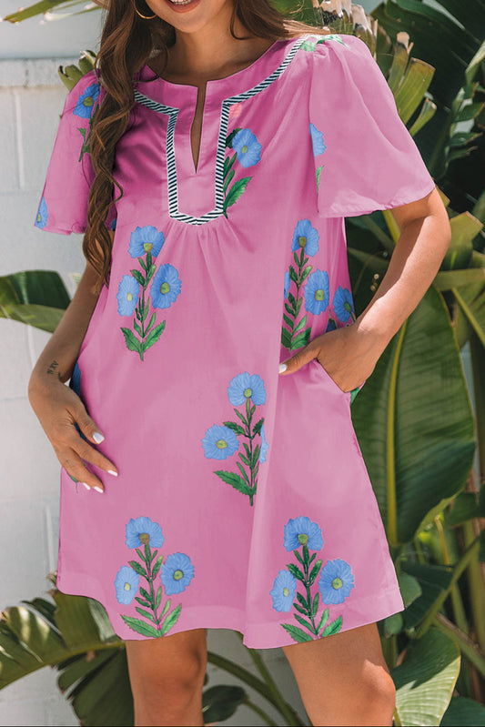 Rose Floral Short Sleeve Split Neck Loose Mini Dress