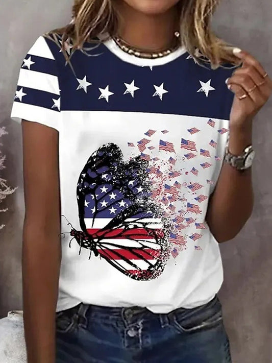 3D Printing America Flag Butterfly Crew Neck Short Sleeve T-Shirt