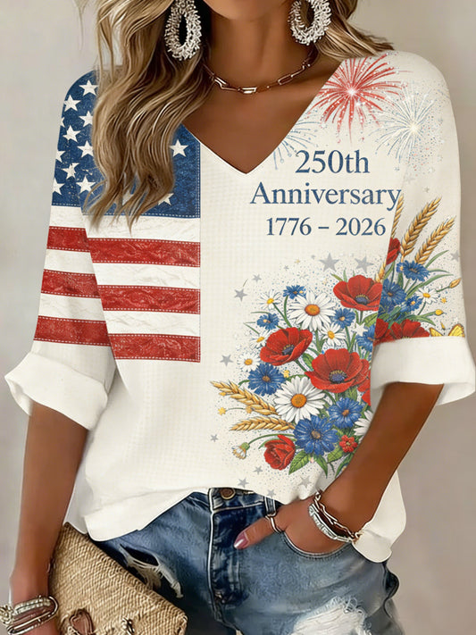 3D Printing V Neck America Flag Floral 250th Anniversary Spring Summer Casual T-Shirt