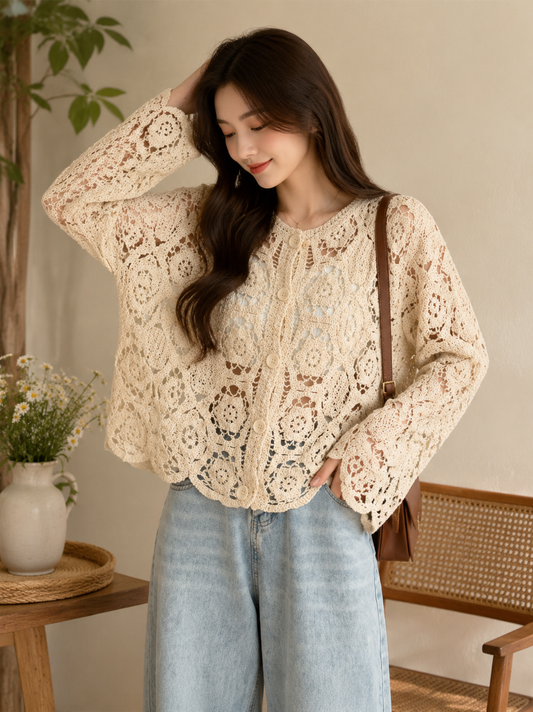 Vintage Jacquard Crochet Patchwork Knit Cardigan Top