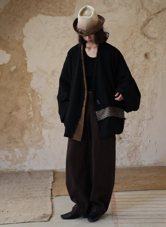 Color-Blocked Striped Textured Wool Relaxed Artistic Short Coat