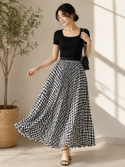 Plaid Floral Wavy Pleated Maxi Skirt | High-Waist Cotton-Blend Skirt