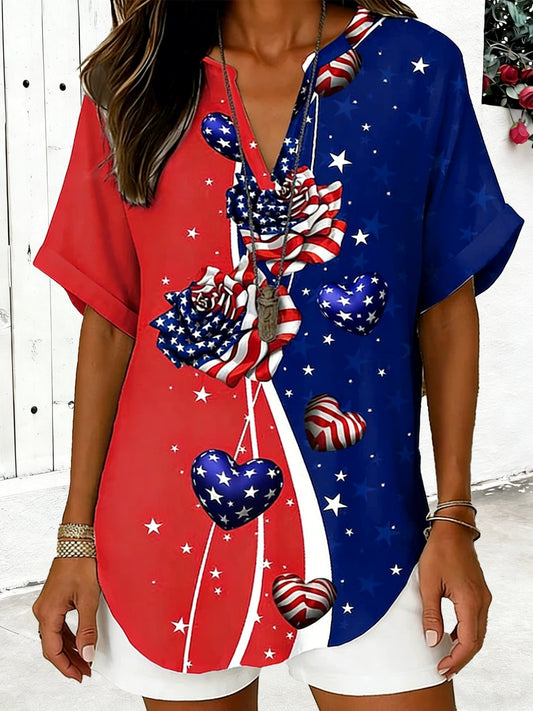 3D Printing America Flag V Neck Short Floral Sleeve Casual Shirt