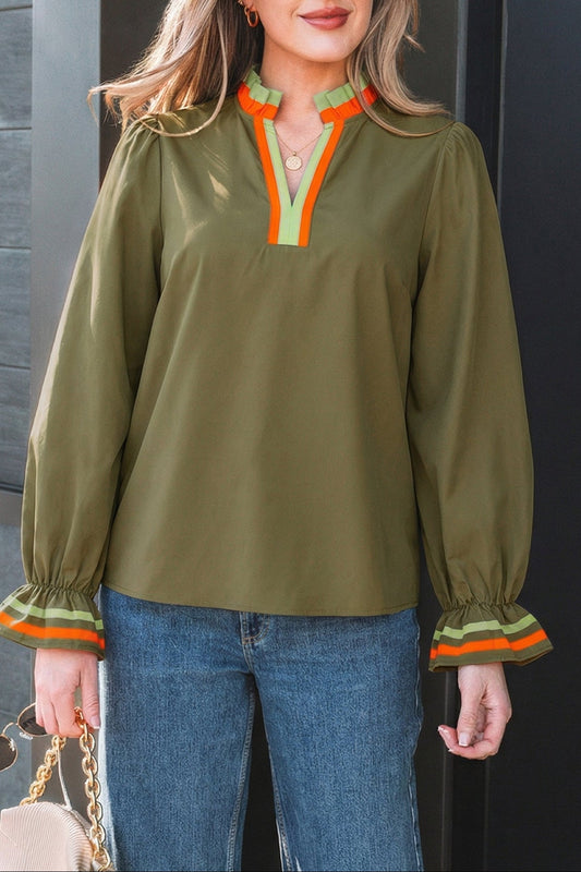 Four Leaf Clover Striped Trim Ruffle Split Neck Long Sleeve Blouse