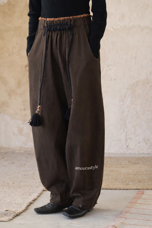 Deep Brown Contrast Wide-Leg Elastic Cuff Pants
