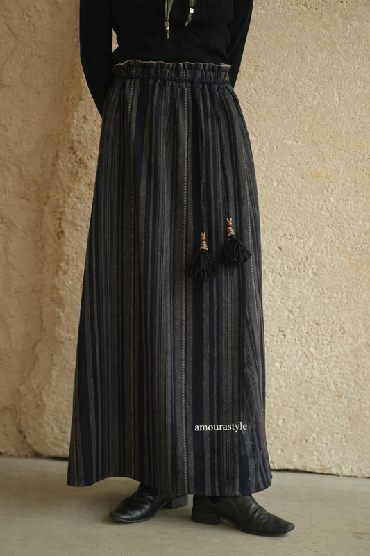 Striped Wool-Feel Navy Vintage Elastic-Waist Midi Skirt