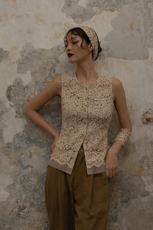 Hand Herbal-Dyed Layered Vintage Lace Vest