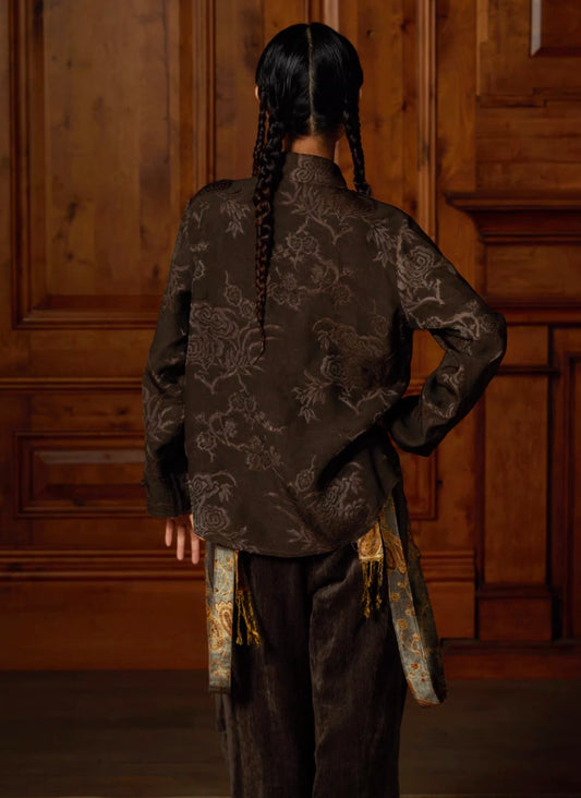 Nomadic New-Oriental Cotton-Linen Burnout Jacquard Raw-Edge Shirt