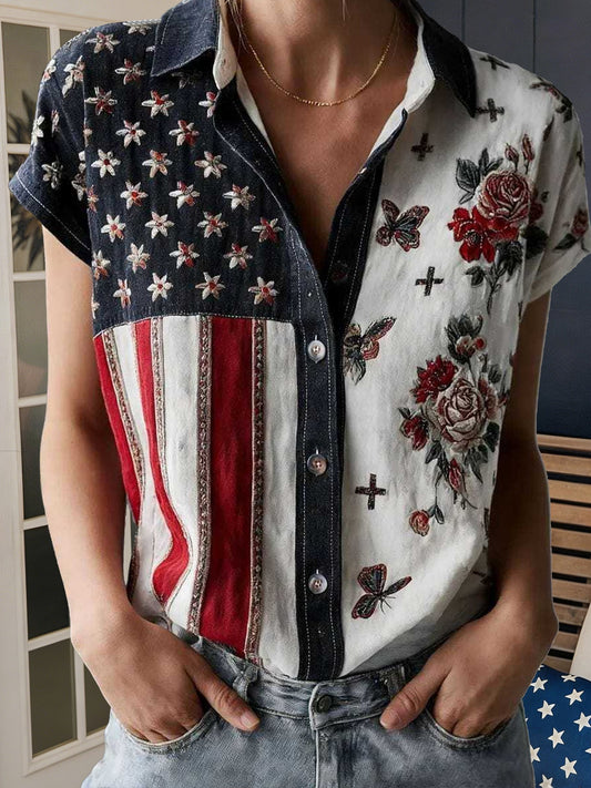 3D Printing America Flag Floral Shirt Collar Short Sleeve Vintage Casual Shirt