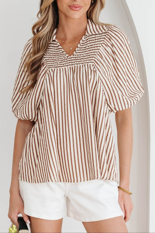 Brown Stripe Shirred V Neck Short Puff Sleeve Blouse