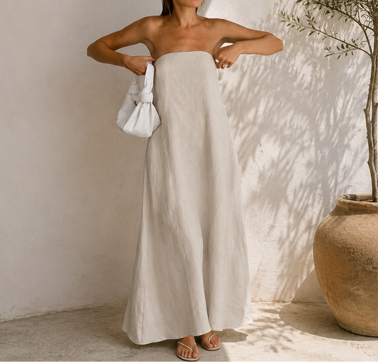 French Khaki Strapless Backless Maxi Dress | Cotton Linen Resort Dress