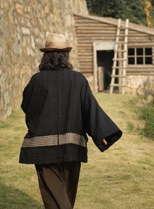 Color-Blocked Striped Textured Wool Relaxed Artistic Short Coat