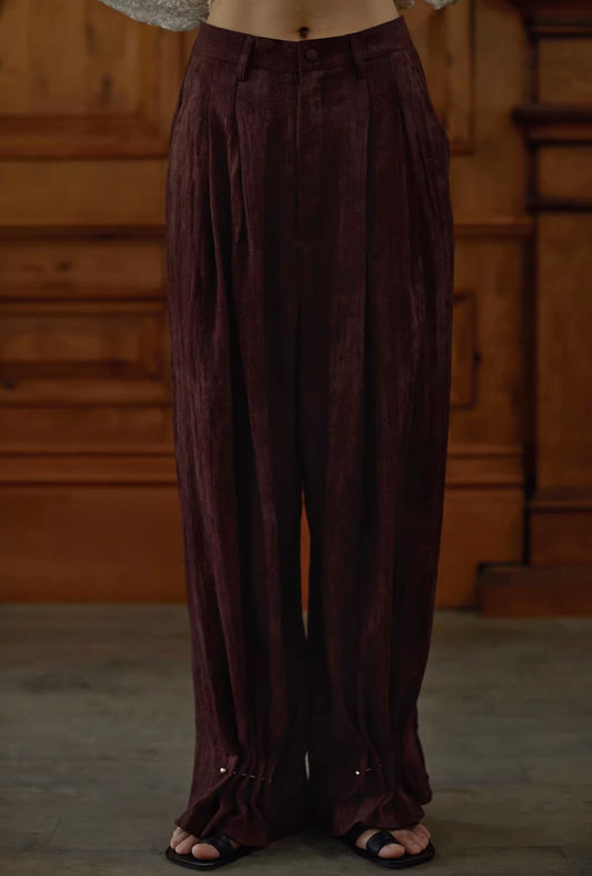 Distressed Finish Metal-Detail Slim-Fit Wide-Leg Pants