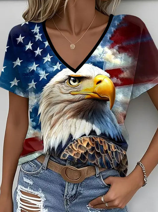 3D Printing America Flag Eagle Old Glory  Vintage V Neck Short Sleeve Casual T-Shirt