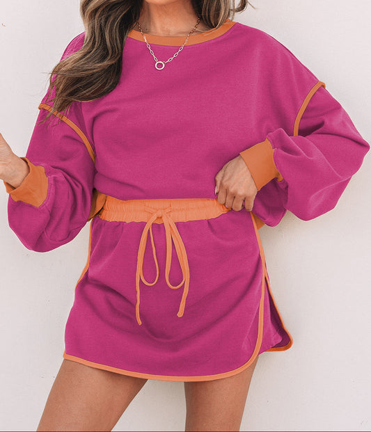 Rose Red Color Contrast Loose Pullover and Lace-up Waist Skort Set