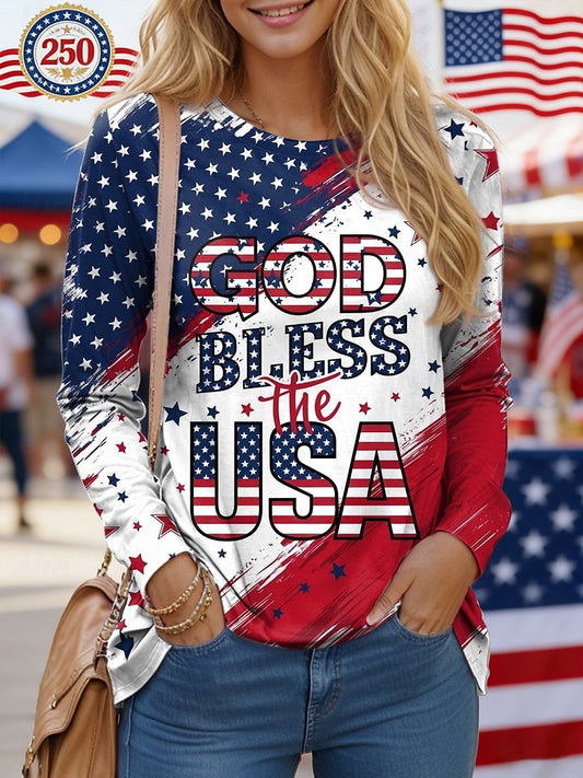 Crew Neck America Flag Loose Casual T-Shirt