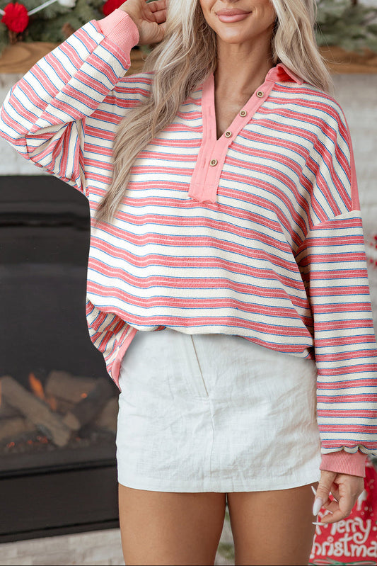 Pink Stripe Buttoned V Neck Collared Drop Shoulder Top