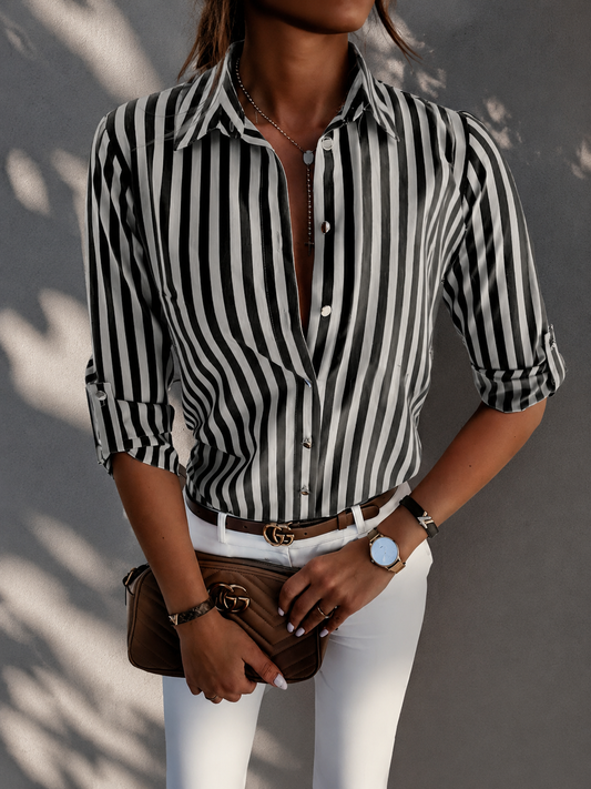 Striped Floral Patchwork Button Cuff Shirt | Suit Collar Casual Blouse