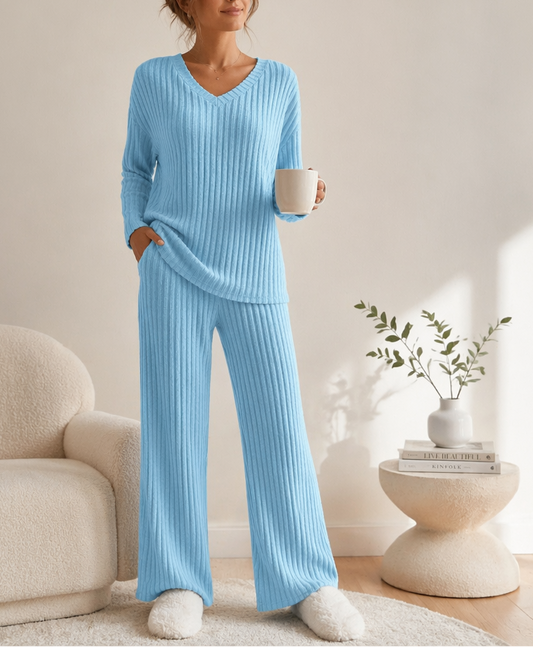 V-Neck Knit Top & Straight Leg Pants Set | Casual Loose Fit Boutique Outfit