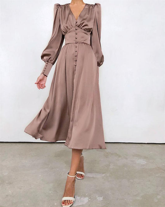 Satin Waist Dress Women Lantern Sleeve Elegant Long Dress