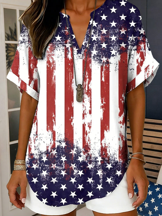 3D Printing America Flag V Neck Short  Sleeve Casual Shirt