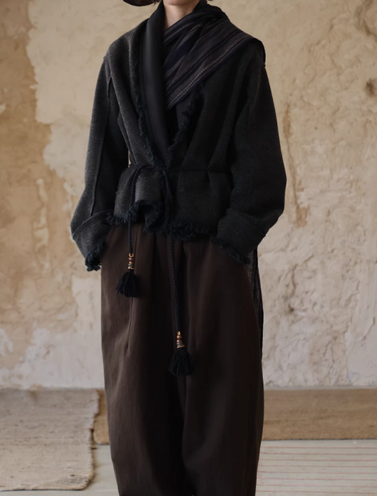 Black & Grey Knitted Wool New-Oriental Nomadic Cardigan