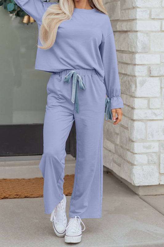 Beau Blue Flounce Long Sleeve Top Drawstring Pants Contrast Velvet Bow Knot 2pcs Lounge Set