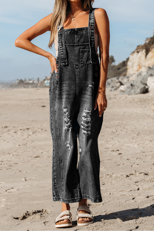 Black Distressed Bib Pocket Wide Leg Denim Overall