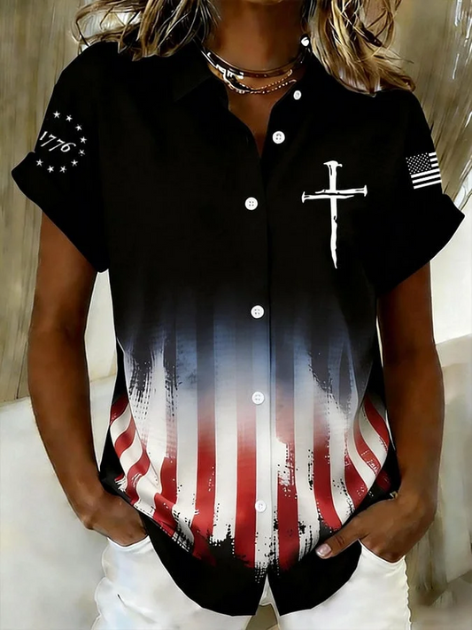 Women's Short Sleeve Shirt Summer Black America Flag Printing Shirt Collar Daily Going Out Casual Top